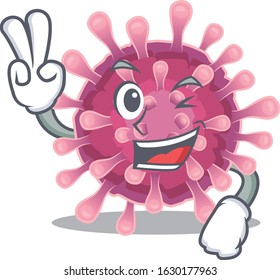 Smiley mascot of corona virus cartoon Character with two fingers