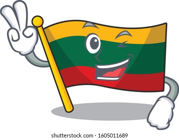 Smiley mascot of flag lithuania cartoon Character with two fingers