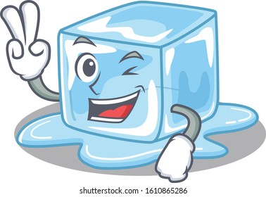 Smiley mascot of ice cube cartoon Character with two fingers