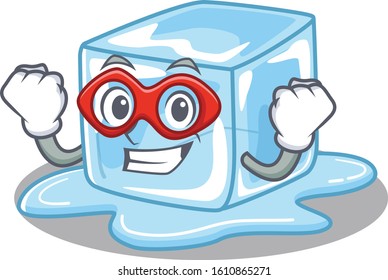 Smiley mascot of ice cube dressed as a Super hero