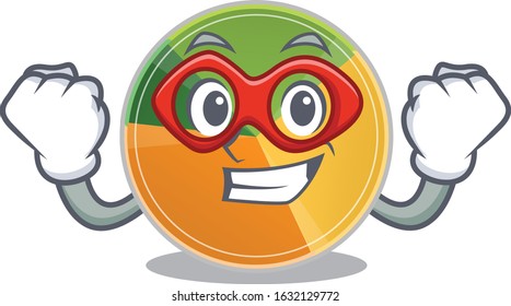 Smiley mascot of pie chart dressed as a Super hero