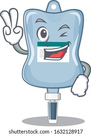 Smiley mascot of saline bag cartoon Character with two fingers