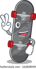 Smiley mascot of skateboard cartoon Character with two fingers
