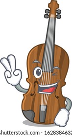 Smiley mascot of violin cartoon Character with two fingers