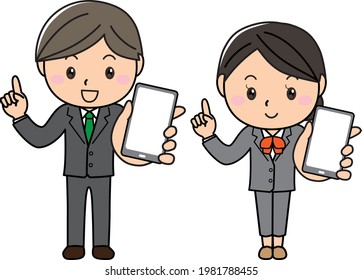 Smiley men and women explaining using smartphones