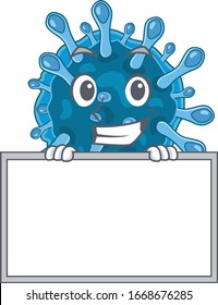Smiley microscopic corona virus cartoon character style bring board