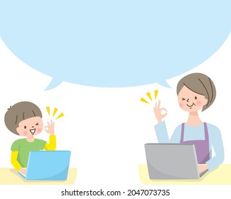 Smiley middle-aged women and boys studying on a computer