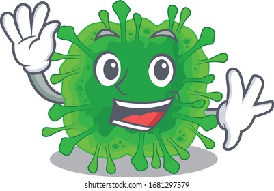 Smiley minunacovirus cartoon mascot design with waving hand