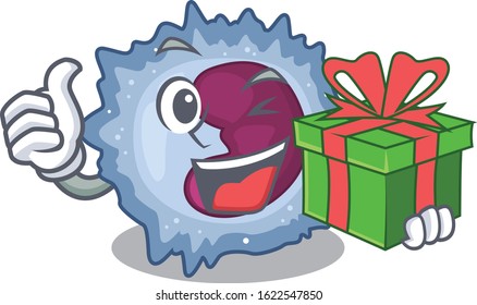 Smiley monocyte cell character with gift box