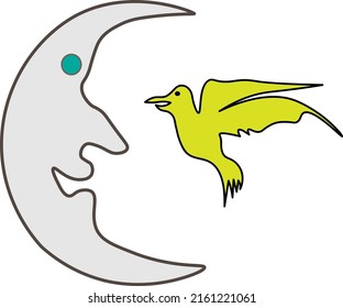 A smiley moon with flying bird