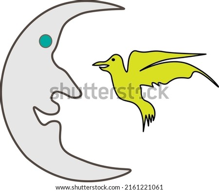A smiley moon with flying bird