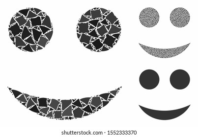 Smiley mosaic of abrupt pieces in variable sizes and color tinges, based on smiley icon. Vector rugged pieces are organized into collage. Smiley icons collage with dotted pattern.