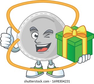 Smiley N95 mask cartoon character holding a gift box