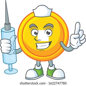 Smiley Nurse chinese gold coin cartoon character with a syringe