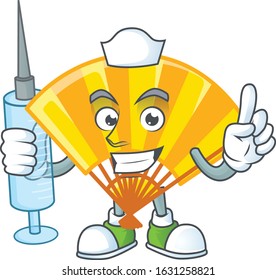 Smiley Nurse gold chinese folding fan cartoon character with a syringe