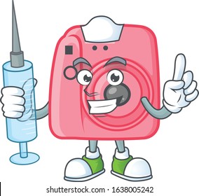 Smiley Nurse instan camera cartoon character with a syringe