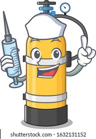 Smiley Nurse oxygen cylinder cartoon character with a syringe