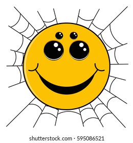 Smiley on web. Funny smiley spider. Vector illustration of smiley. Smiley in the form of a spider with a cobweb.