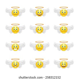Smiley Pack angels with wings and a halo over his head with different emotions