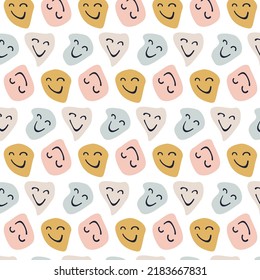 Smiley pattern, melted smile emoticon. Retro psychedelic smiles vector design.

