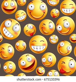 Smiley pattern vector background with continuous or seamless happy facial expressions of yellow smileys in brown background. Vector illustration.
