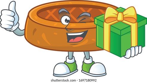 Smiley peanut cookies cartoon character holding a gift box