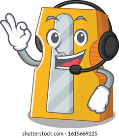Smiley pencil sharpener cartoon character design wearing headphone