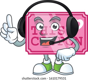 Smiley pink love coupon cartoon character design wearing headphone