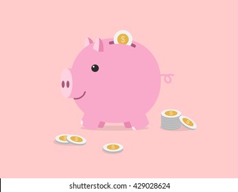 Smiley pink piggy bank with coins. Beginning of money saving. Flat design vector illustration.