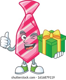 Smiley pink stripes tie character with gift box