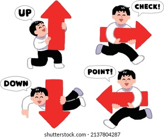 Smiley plain clothes male illustration set with up, down, left and right arrows with letters