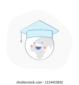 Smiley Planet Earth in Academic Graduation cap. Global Education icon, concept of Knowledge. Flat outline icon concept.