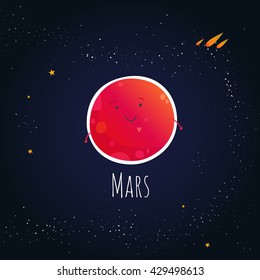 Smiley as the planet Mars with handles on a dark background with stars. Vector illustration.