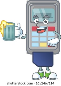 Smiley POS machine mascot design holding a glass of beer