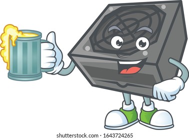 Smiley power supply unit black color mascot design holding a glass of beer