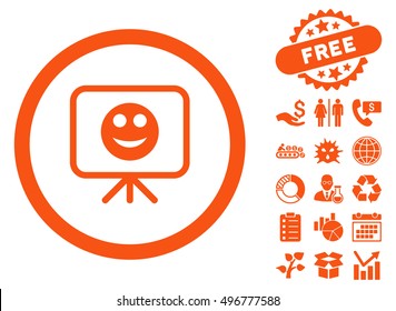Smiley Presentation Screen icon with free bonus clip art. Vector illustration style is flat iconic symbols, orange color, white background.