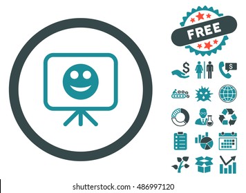 Smiley Presentation Screen pictograph with free bonus pictograph collection. Vector illustration style is flat iconic bicolor symbols, soft blue colors, white background.