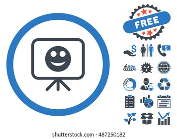 Smiley Presentation Screen pictograph with free bonus pictogram. Vector illustration style is flat iconic bicolor symbols, smooth blue colors, white background.