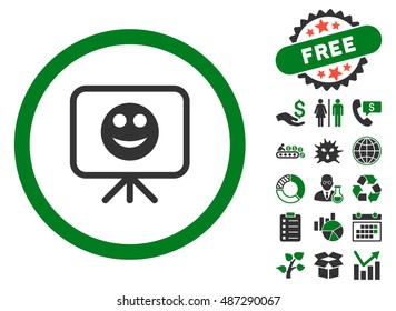 Smiley Presentation Screen pictograph with free bonus icon set. Vector illustration style is flat iconic bicolor symbols, green and gray colors, white background.