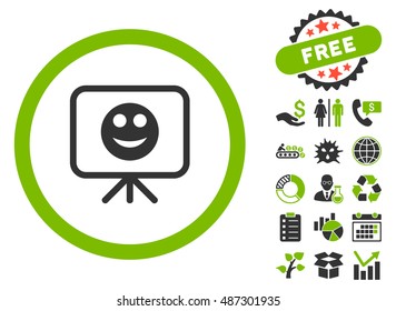 Smiley Presentation Screen pictograph with free bonus design elements. Vector illustration style is flat iconic bicolor symbols, eco green and gray colors, white background.