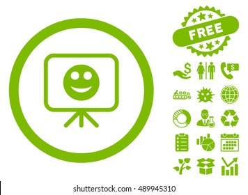 Smiley Presentation Screen pictograph with free bonus pictogram. Vector illustration style is flat iconic symbols, eco green color, white background.