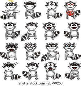 Smiley racoons individually grouped for easy copy-n-paste. Vector.