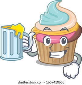 Smiley rainbow cupcake mascot design with a big glass