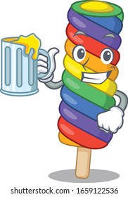 Smiley rainbow ice cream mascot design with a big glass