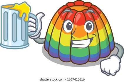 Smiley rainbow jelly mascot design with a big glass