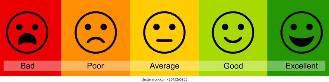 Smiley rating icon set vector illustration, Customer satisfaction, rating emojis set in different colors, Feedback emojis icons. emotion levels on scale different faces icons, Flat icon set of rating.