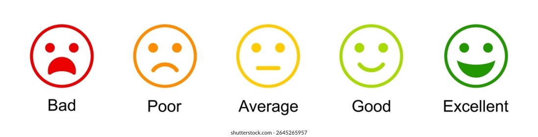 Ícone de classificação Smiley definir ilustração vetorial, satisfação do cliente, emojis de classificação definidos em cores diferentes, ícones emojis de feedback. níveis de emoção em escala ícones de faces diferentes, ícone plano conjunto de classificação.