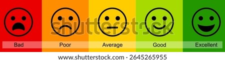 Smiley rating icon set vector illustration, Customer satisfaction, rating emojis set in different colors, Feedback emojis icons. emotion levels on scale different faces icons, Flat icon set of rating.