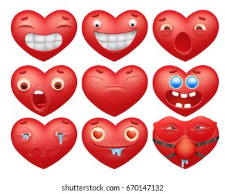 Smiley red hearts emoticon cartoon characters. Vector collection
