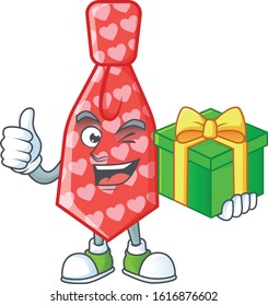 Smiley red love tie character with gift box